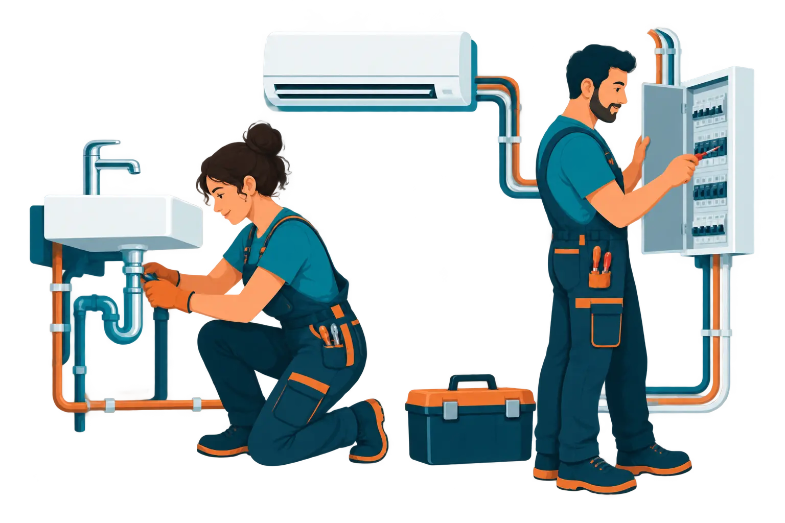 Illustration des métiers ABVN : plomberie, électricité et entretien de climatisation