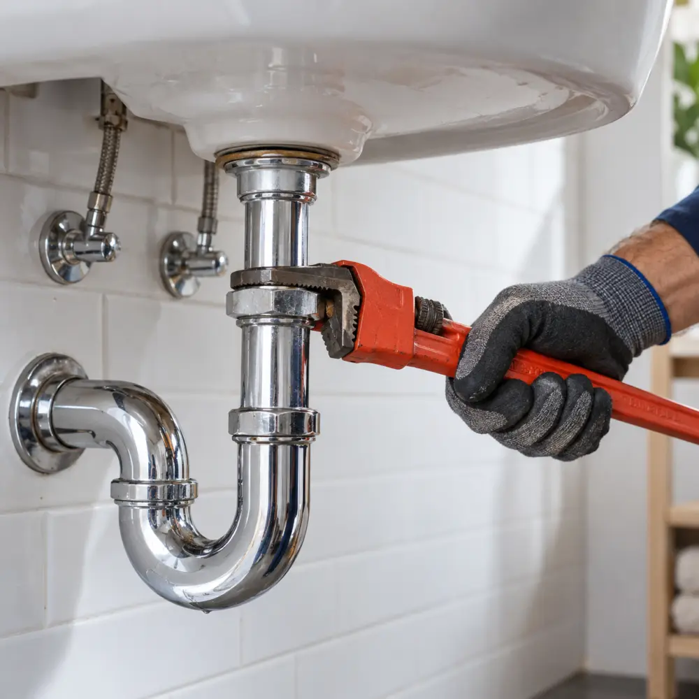 Vue rapprochée d’un siphon de lavabo et d’une clé de plomberie